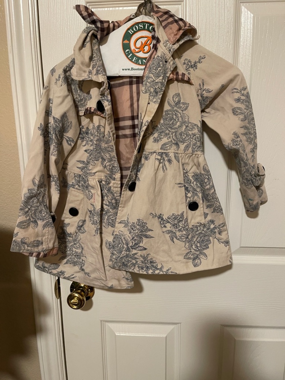 Source Unknown Beige Floral Hooded Raincoat with Gray Print